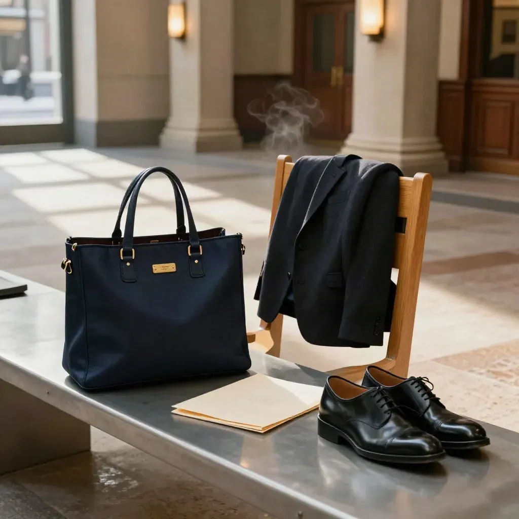 Courthouse tote, suit jacket, file envelope and polished shoes by a lobby bench.