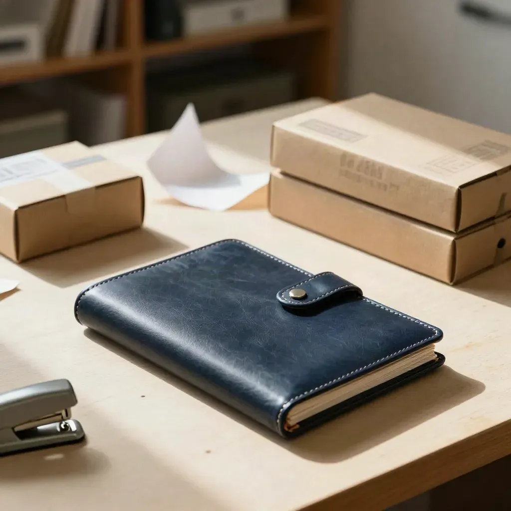 Navy legal folio, sample boxes, packing paper and stapler on a bright workbench.
