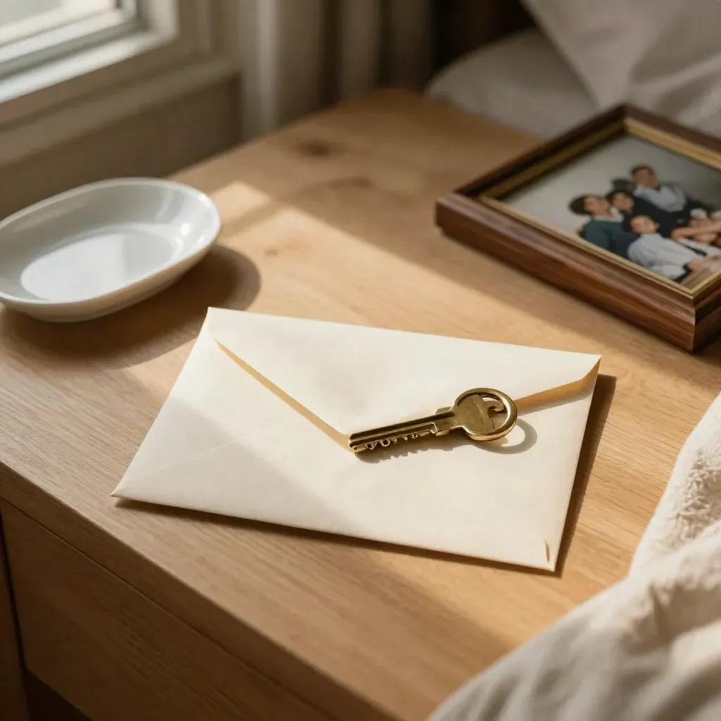Overhead bedside flatlay with will envelope, key ring, family photo frame, and ceramic dish in warm wood light.