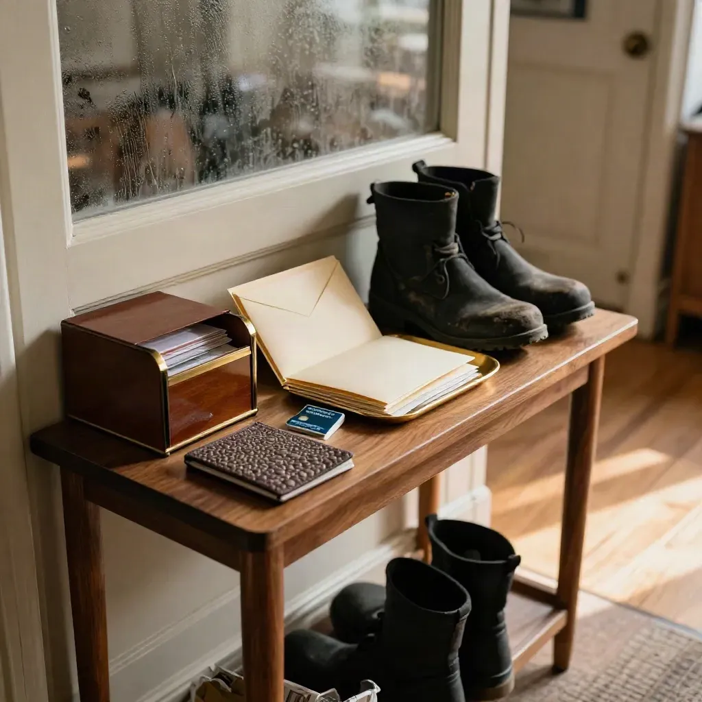 Entry table with passport sleeve, mail sorter, envelopes and winter boots in warm afternoon light.