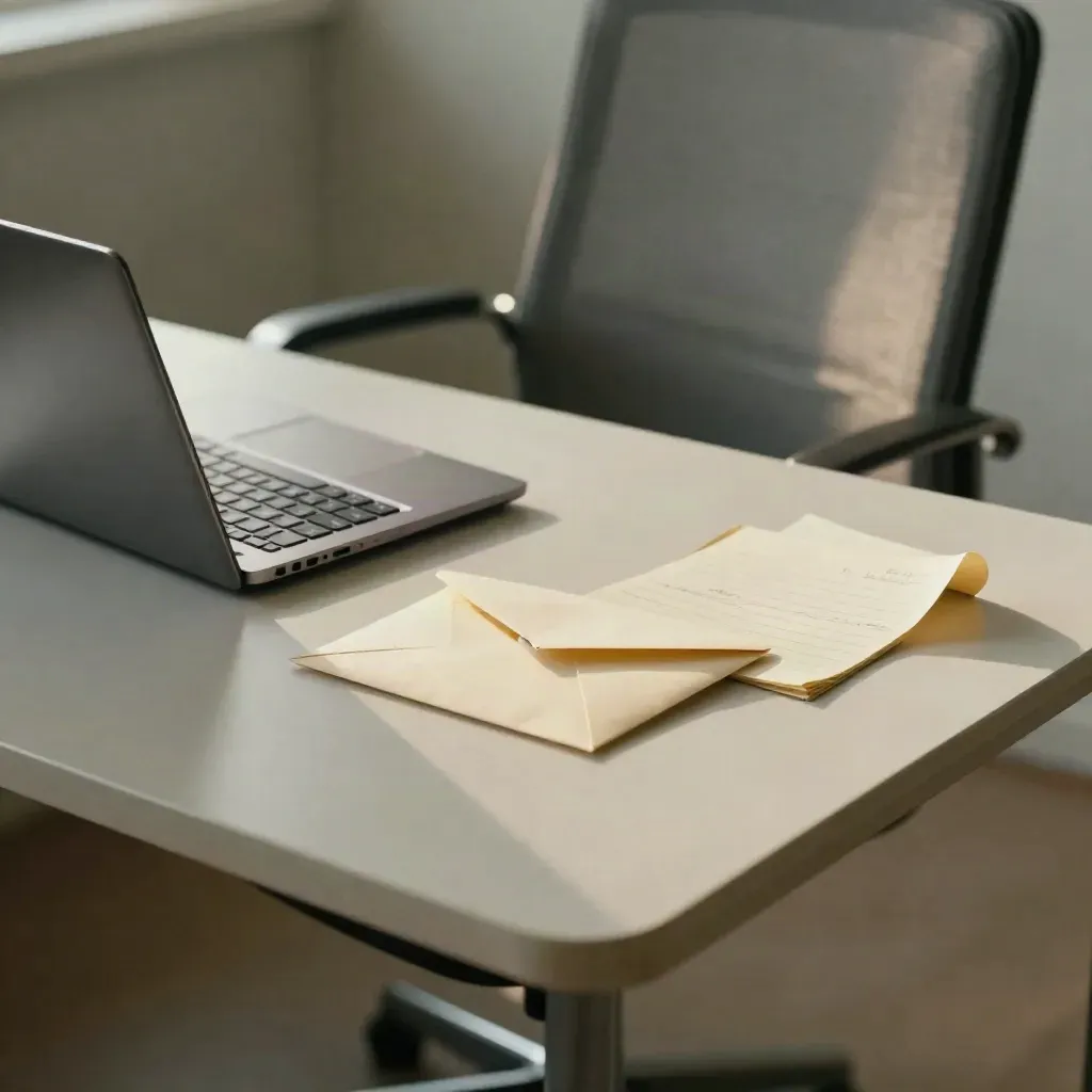 Closed laptop, severance envelope, and pulled-back chair on an empty office desk