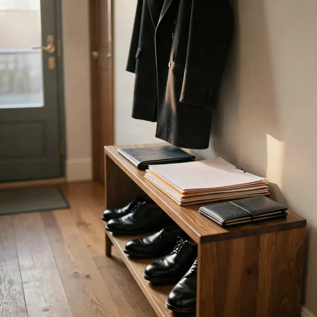 Hallway console with shoes, ID wallet, folders, and coat by the front door in morning light