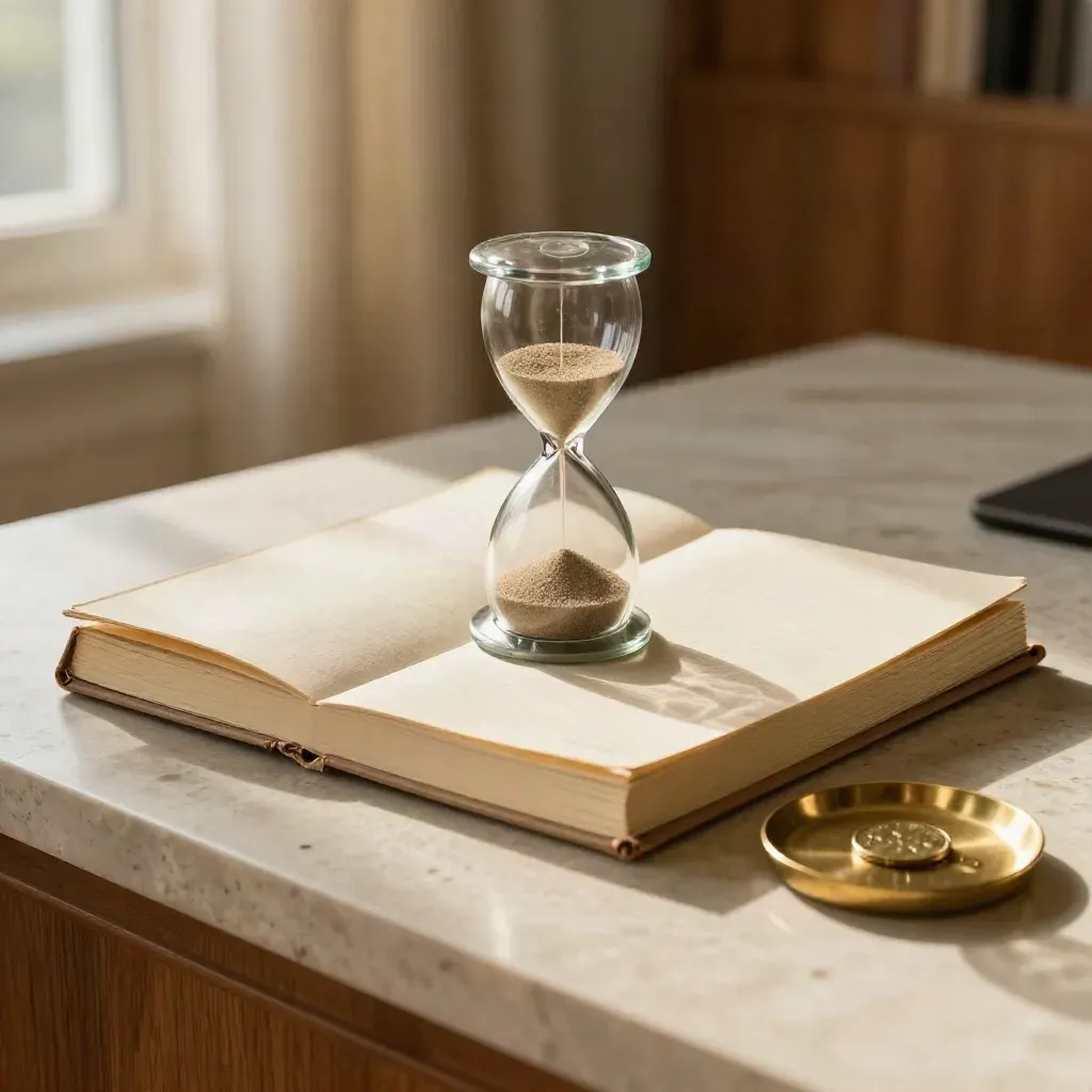 Ledger, sand timer, and brass coin dish on a pale desk in warm window light.