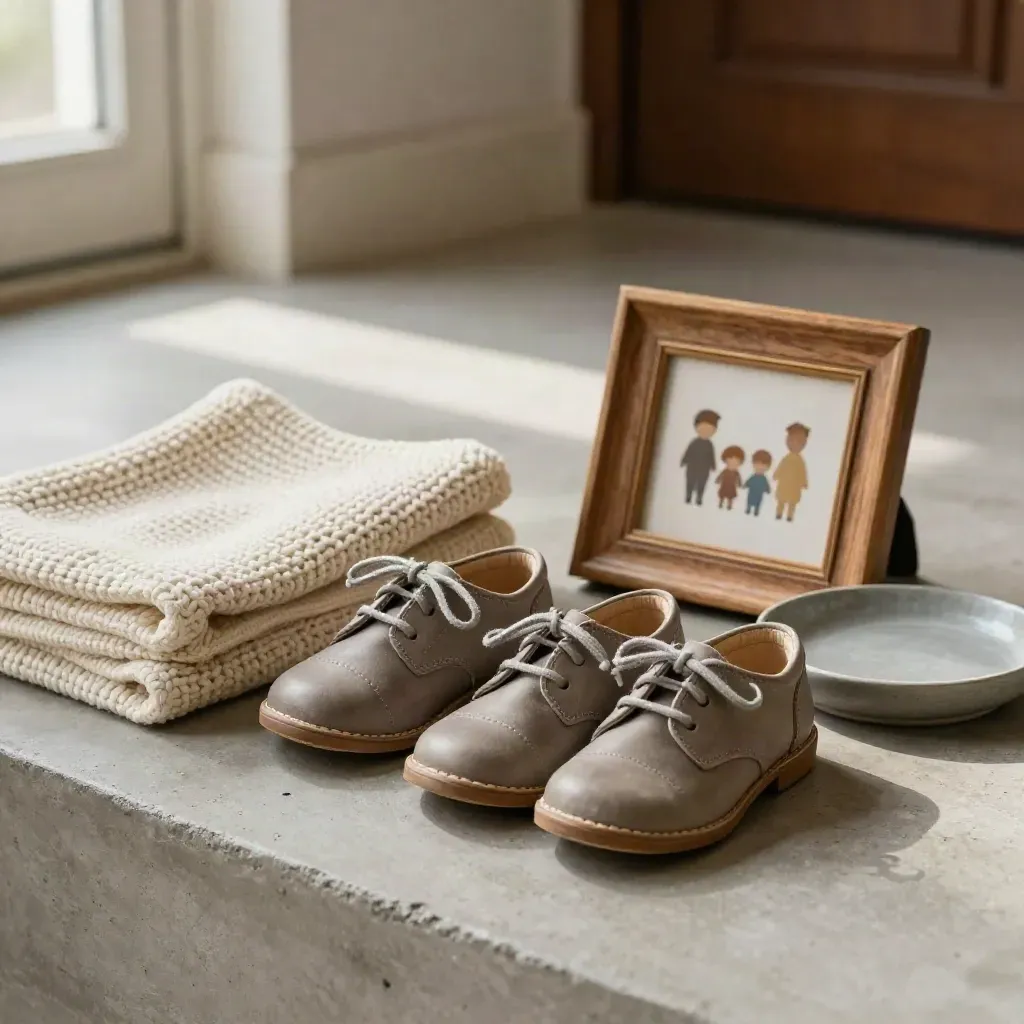 Top-down tray still life of children's shoes, folded knit blanket, and a face-down family frame.