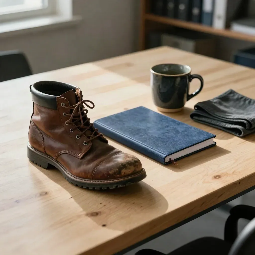 Steel-toe boot, notebook, and mug on a worn work desk in soft light
